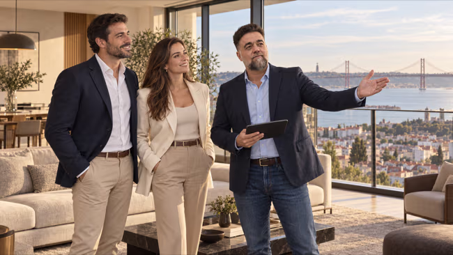 Marcelo Sicsu Consultor imobiliário no Porto em visita com clientes a um apartamento premium em vila nova de gaia